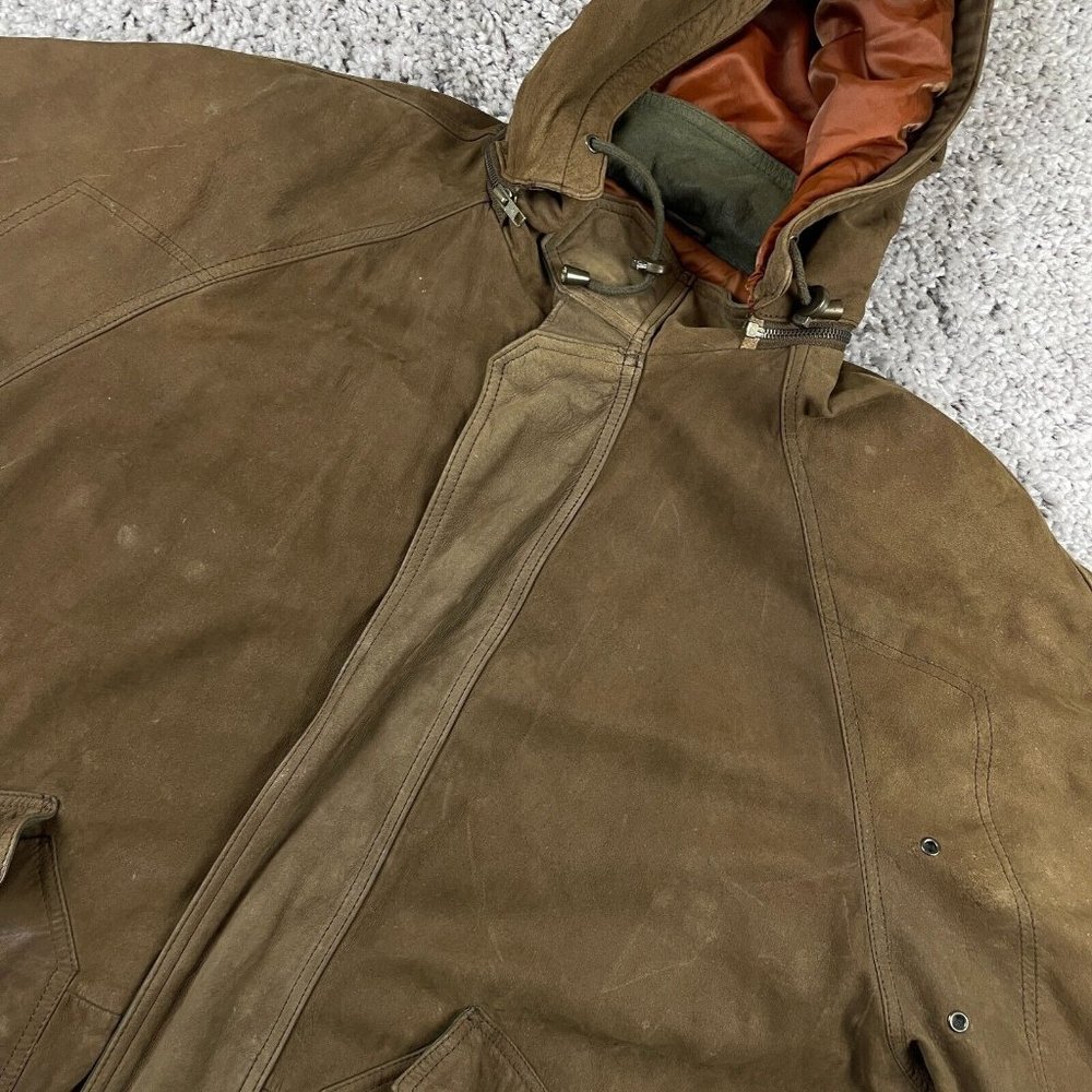 Vintage Anchor Blue Leather Jacket Mens Sz XL Brown Removable Hood Full Zip 80s